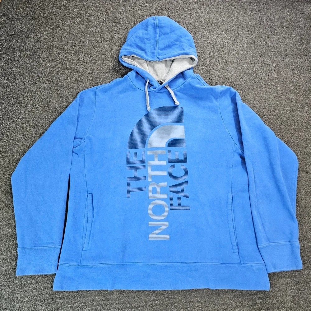 The North Face Mens Large Blue Graphic Logo Fleece Pullover Hoodie Gorpcore fade